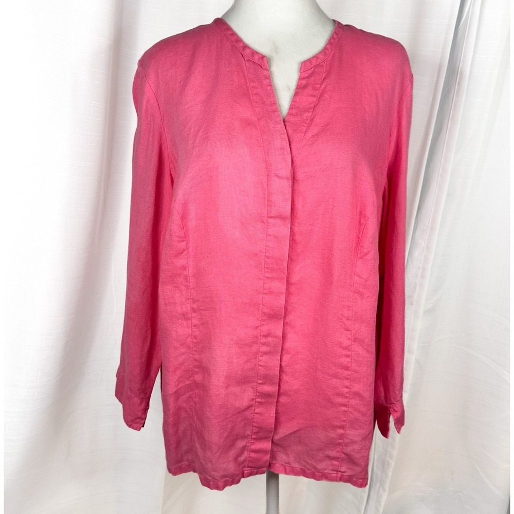 Talbots Woman Irish Linen Tunic Top Size 12W Pink 100% Linen Split Neck